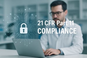 A scientist in a lab coat in a biopharmaceutical laboratory setting using a laptop computer This photostyle image should be overlaid with imagery conveying software compliance That imagery should include the text 21 CFR Part 11 Compliance The scienti-3