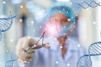 Doctor holding tweezers, overlaid by rendering of DNA