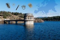 Dam intake tower in water reservoir, overlaid with Europe map and plankton images