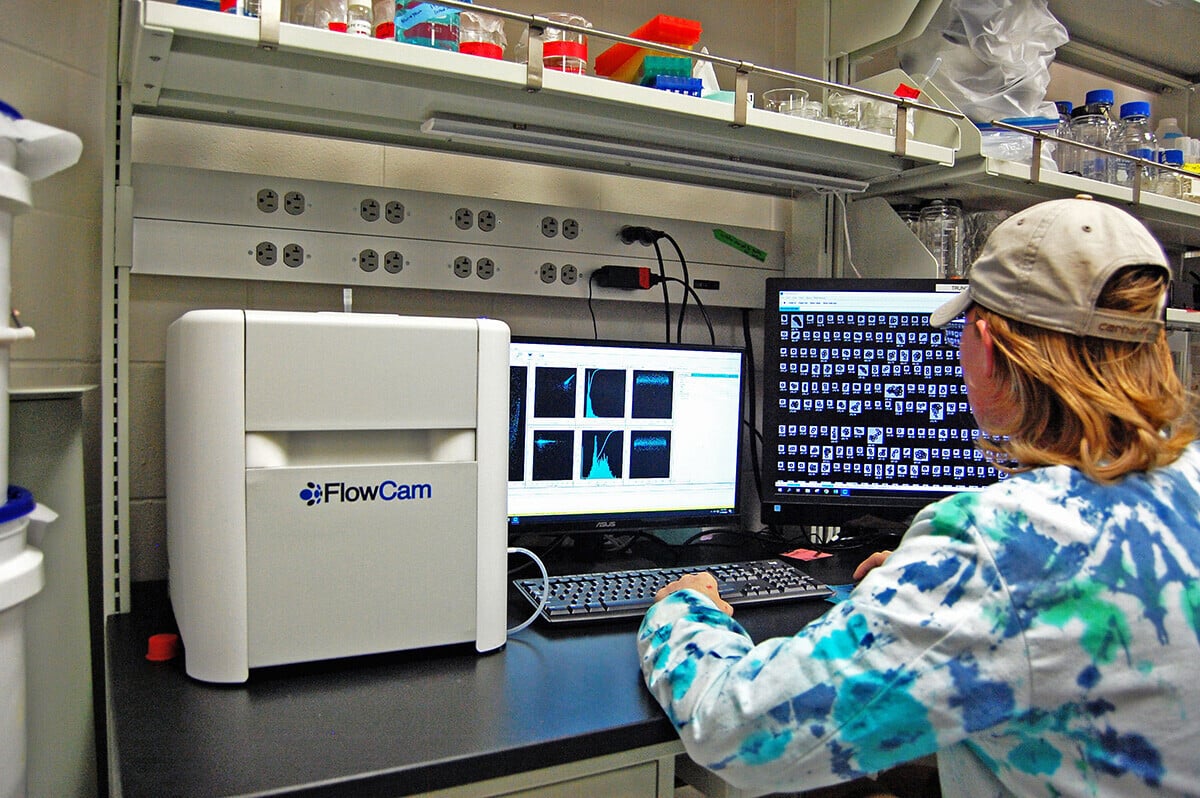 Scientist using FlowCam with laptop on lab bench, looking at data