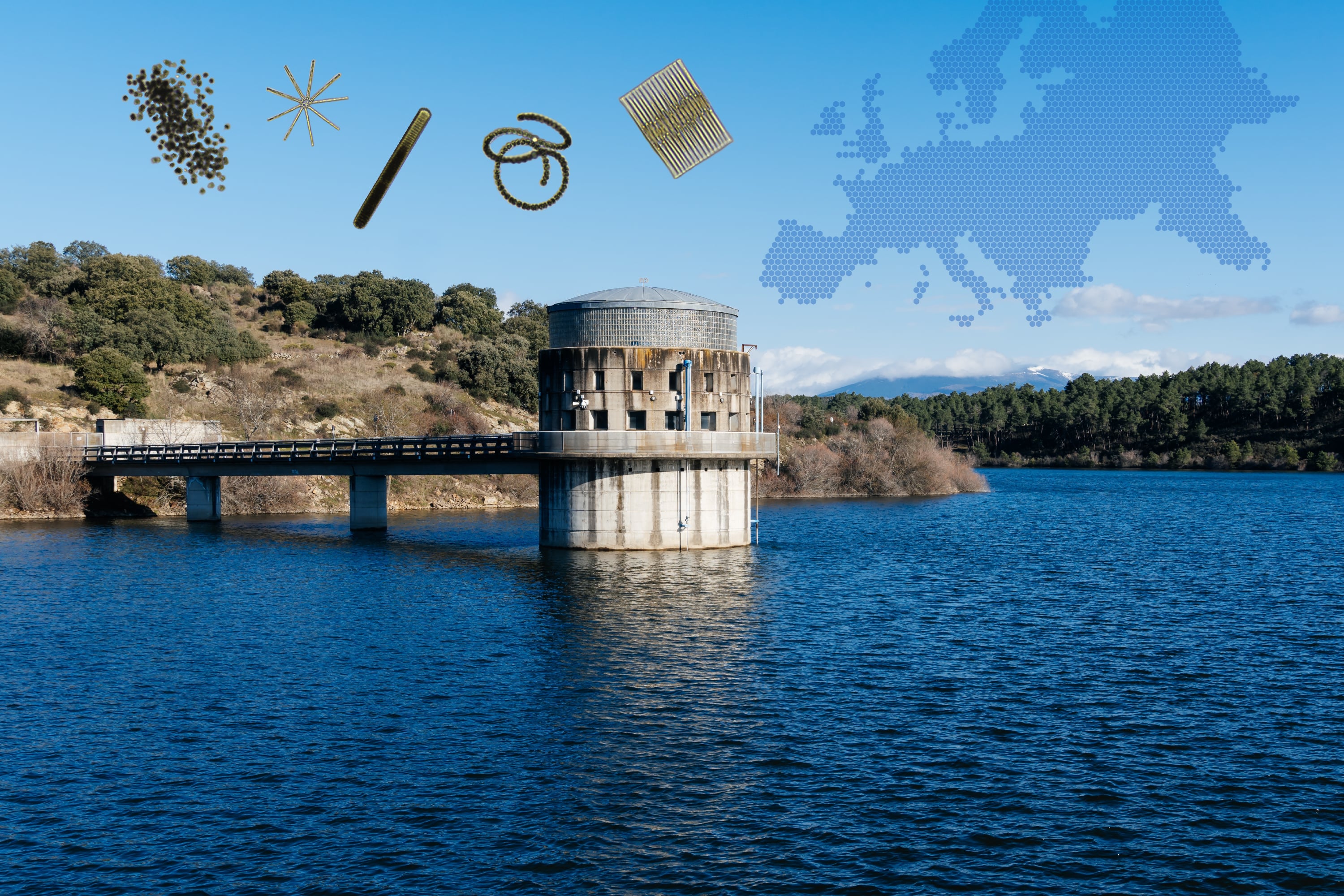 Water intake tower with map of Europe and plankton images